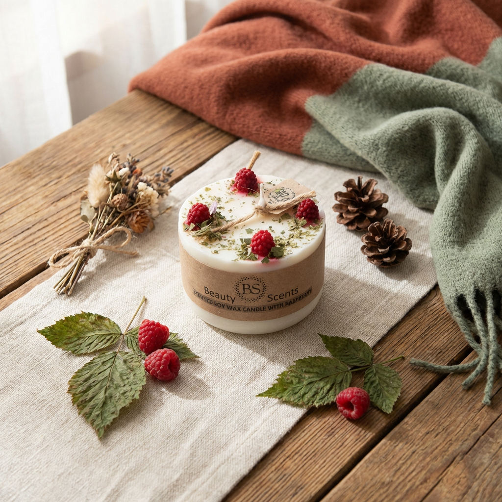 Decorative candle with berries and leaves on a wooden surface with a blanket and dried flowers.