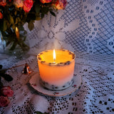 Beauty Scents large coffee candle lit showing even burn and coffee bean decoration with red roses