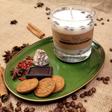 Side angle view of large glass coffee bean candle with natural coffee bean decoration