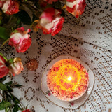 Soy candle rose petals burning candlelight romantic atmosphere vintage china fresh roses