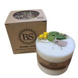 Large lemon pillar candle with yellow wax lemons and green leaf decoration - handmade soy candle by Beauty Scents