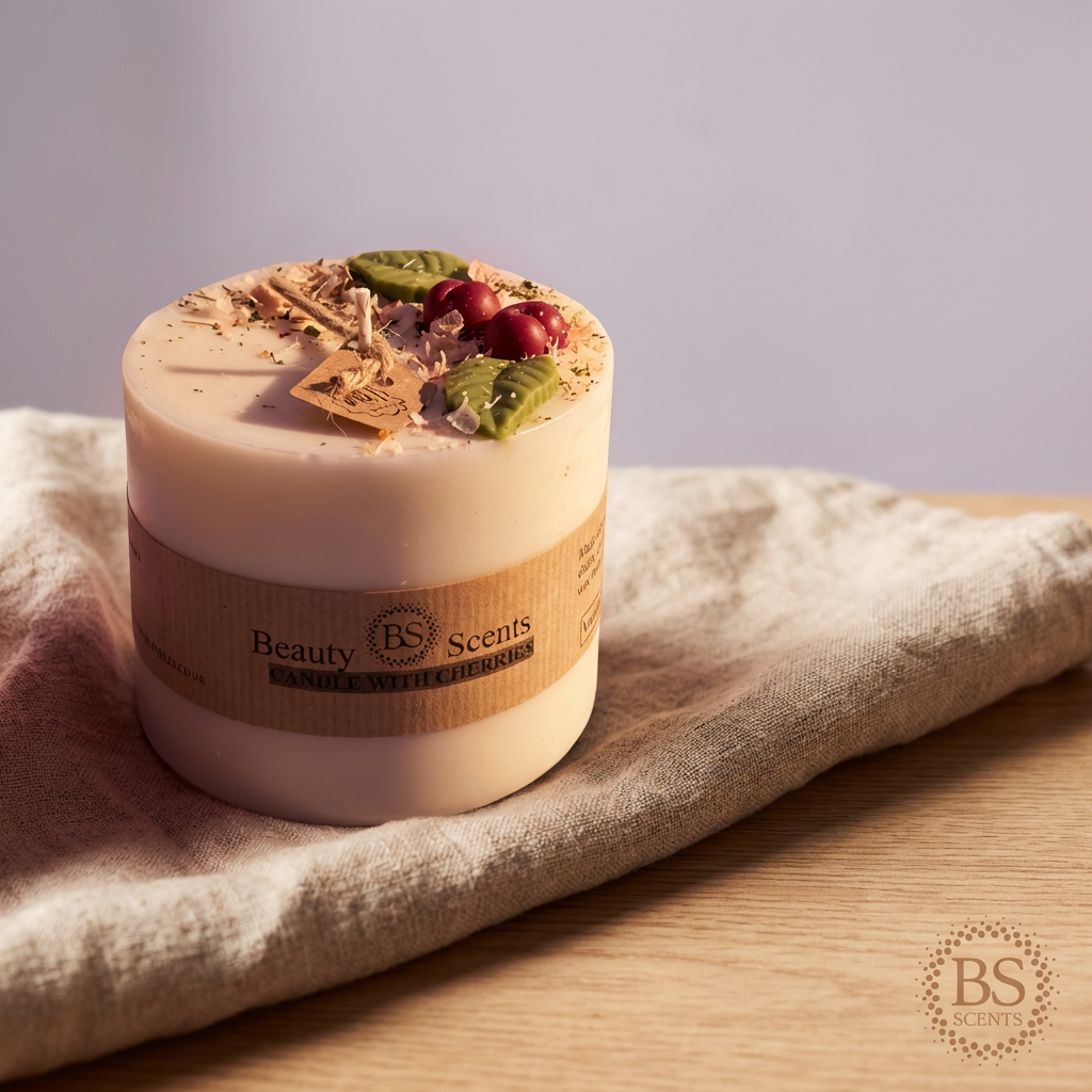 Large soy candle with wax cherries and green leaf decoration, with tag and label, on beige cloth on a wooden table in warm sunset light.