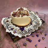 Large heart soy candle with rose petals multiple angle view showing 9cm diameter and decoration
