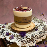 Medium rose petals scented candle 8.5cm height with crushed dried flowers on elegant glass stand - Beauty Scents handmade soy candle