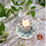 Small glass coffee bean candle side angle showing natural coffee beans pattern in glass