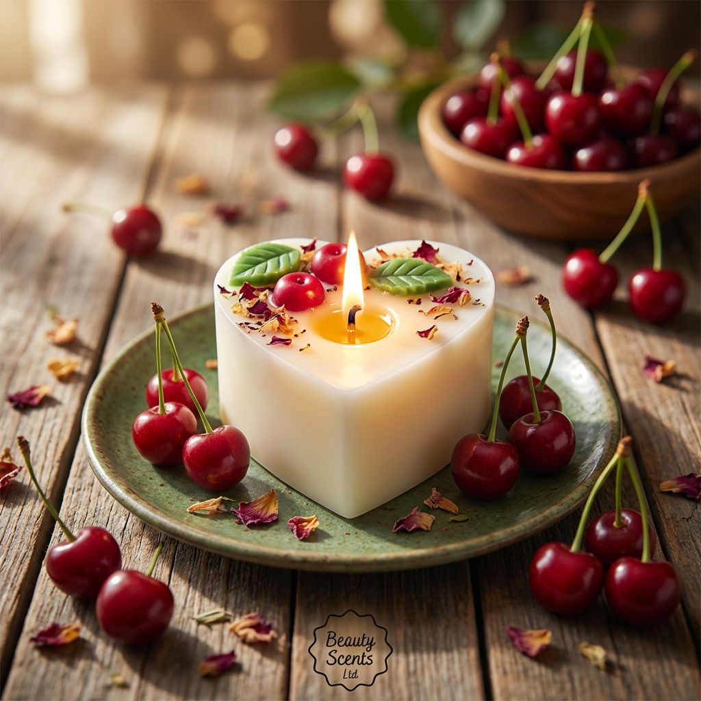 Lit heart-shaped soy candle with cherry wax melt decoration on a green ceramic plate, styled on a rustic wooden table surrounded by fresh cherries and scattered dried petals.