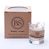 Small glass coffee bean candle lifestyle shot showing elegant glass container with coffee beans