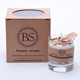 Small glass jar soy candle with real rose petals, 6.5cm diameter, compact romantic candle
