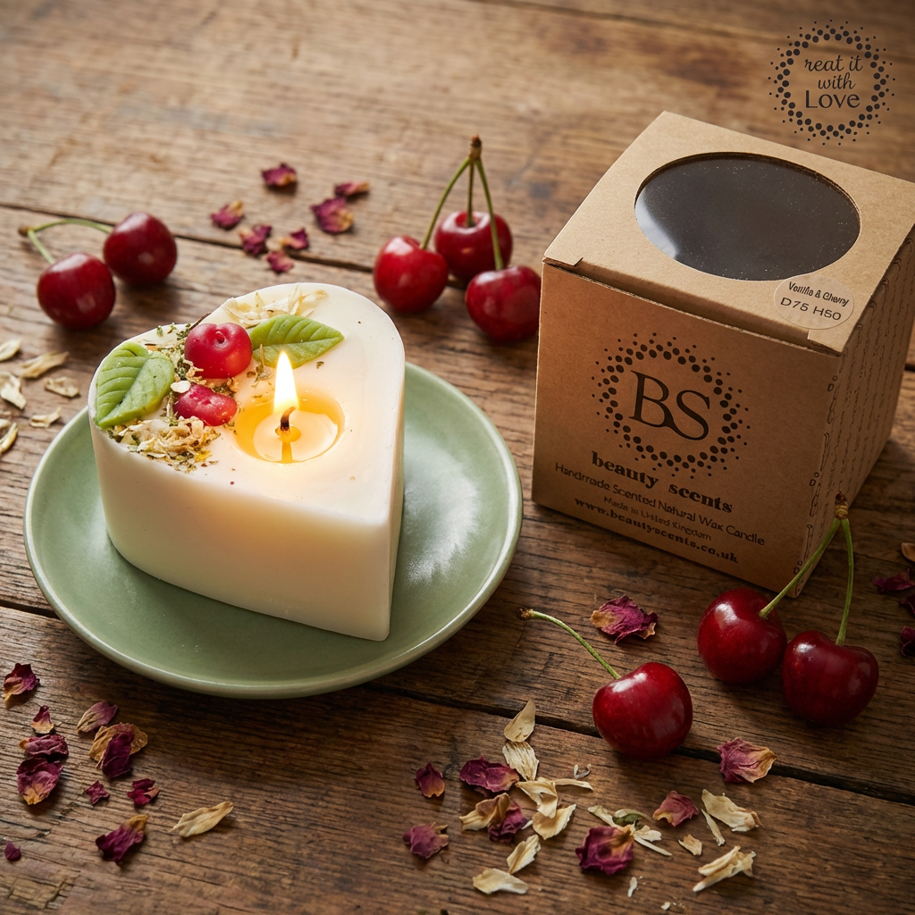 Lit heart-shaped soy candle with cherry wax melt decoration on a green ceramic plate, styled on a rustic wooden table next to a Beauty Scents gift box with fresh cherries and dried petals.