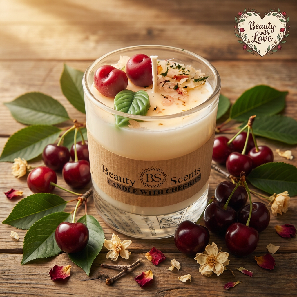 Small soy candle in a glass jar with wax cherries and green leaf decoration on a wooden table, styled with fresh cherries, green leaves and dried flower petals
