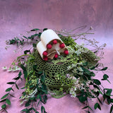 Small heart raspberry candle alternative view highlighting red wax berry decorative elements