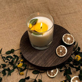 Burning lemon scented soy candle with dried citrus slices and mint leaves on wooden board - handmade natural candle