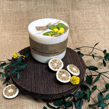 Large lemon pillar candle close-up highlighting yellow wax lemon decorations and premium soy wax construction
