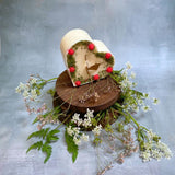 Large heart raspberry candle final angle view showing handmade soy wax with red berry decorations