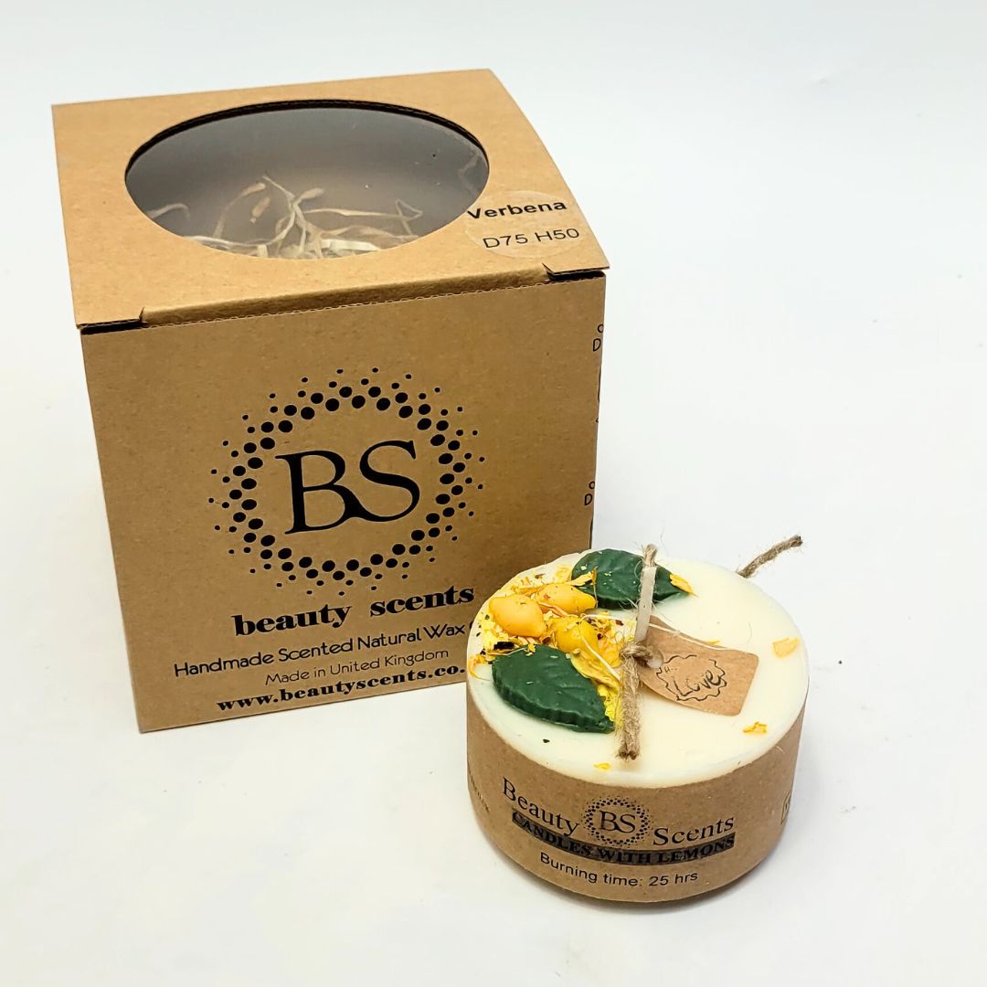 Beauty Scents lemon candle with branded packaging box - handmade scented natural wax candle with dried botanicals