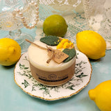 Small lemon scented candle with botanicals on vintage floral plate surrounded by fresh citrus fruits and pearls