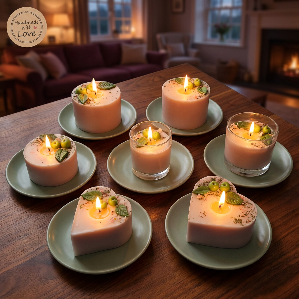 it apple-decorated soy candles in glass, pillar and heart shapes on green plates, styled on a wooden table in a cosy living room