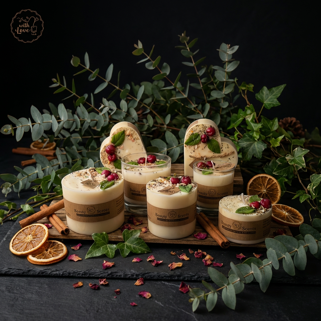 Cherry & Vanilla soy candles in glass and pillar shapes, decorated with red cherry-style wax melts and green leaves, styled with eucalyptus, cinnamon sticks and dried orange slices on a dark rustic table