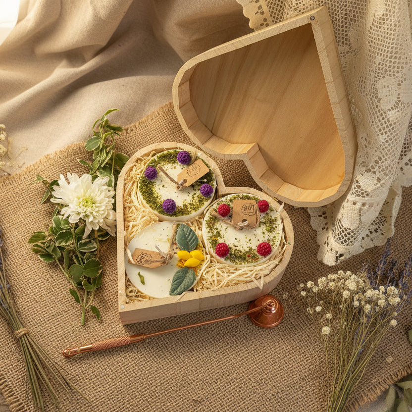 Heart-shaped wooden box with small round candles,  flowers on a rustic wooden surface.