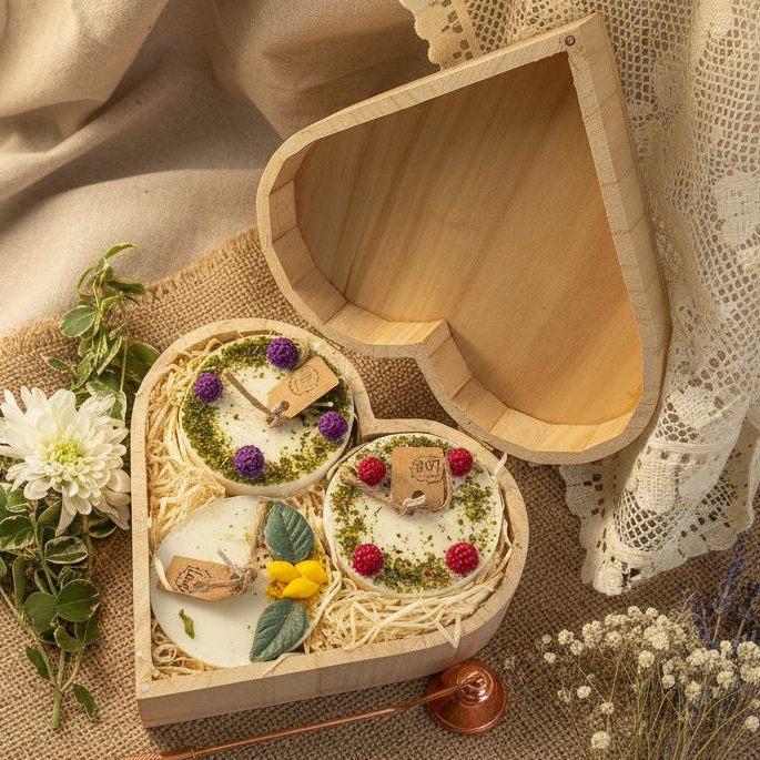 Heart-shaped wooden box with small round candles,  flowers on a rustic wooden surface close up