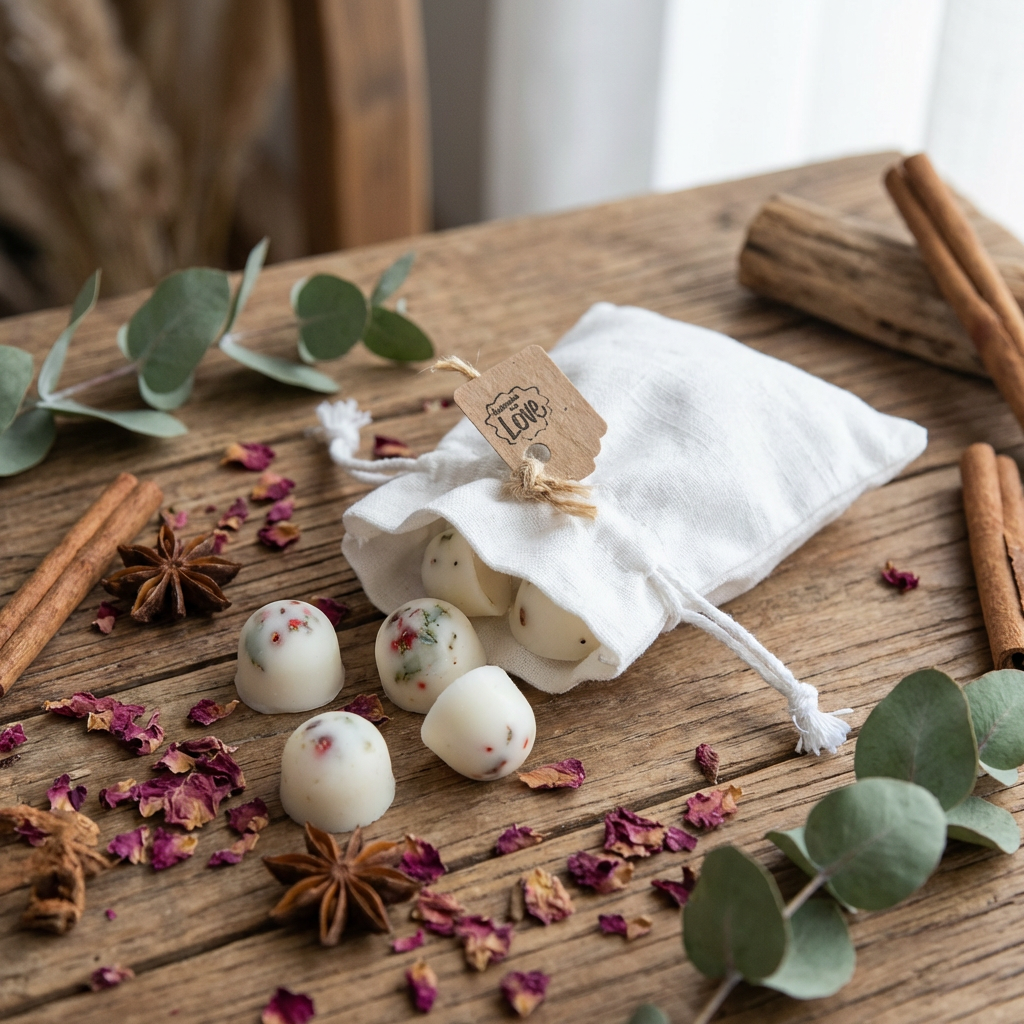 White spherical wax melts in a drawstring bag on a wooden surface with cinnamon sticks and eucalyptus leaves.