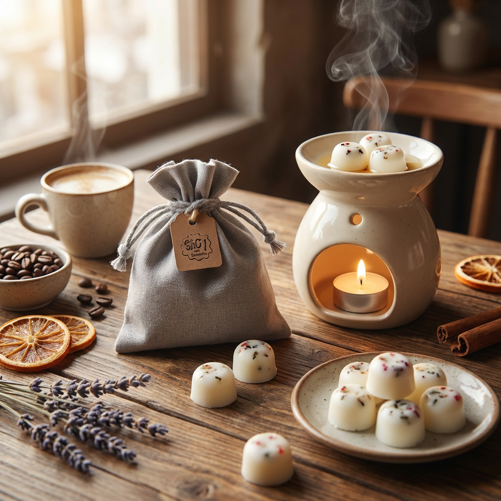 Aromatherapy setup with a oil burner, Beauty Scents wax melts, and herbal decor on a wooden table.