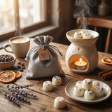 Aromatherapy setup with a wax melts, oil burner on a wooden table.