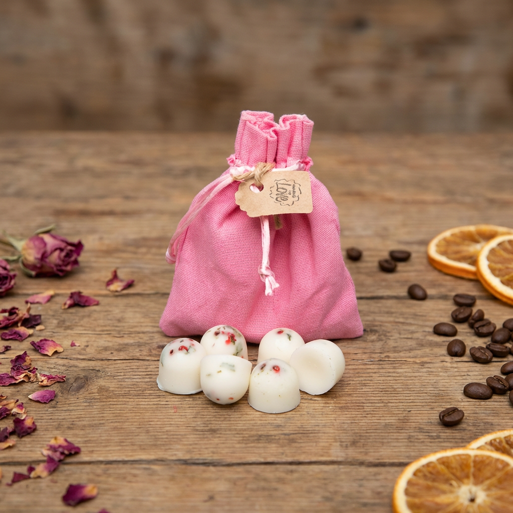 Pink drawstring bag with a tag on a wooden surface with white spherical Beauty Scents Wax Melts, dried oranges, and rose petals.