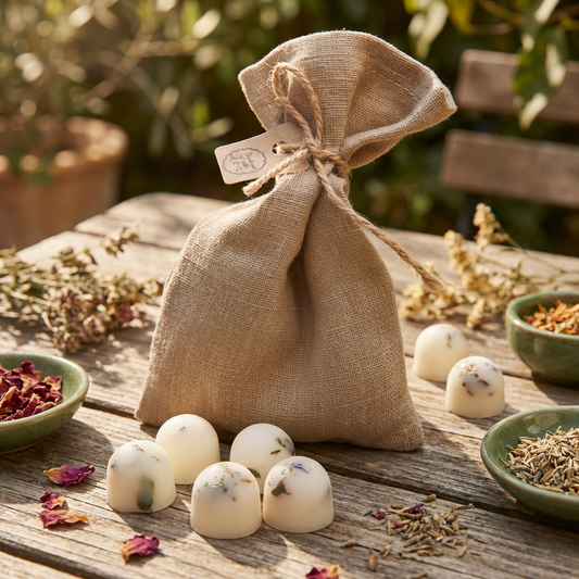 A natural linen pouch tied with twine and a small tag sits on a rustic wooden table outdoors. In front of the pouch are four white botanical wax melts with visible herbs and petals. The scene is styled with dried flower petals, green bowls of botanicals, and blurred garden foliage in the background, creating a warm, natural atmosphere.