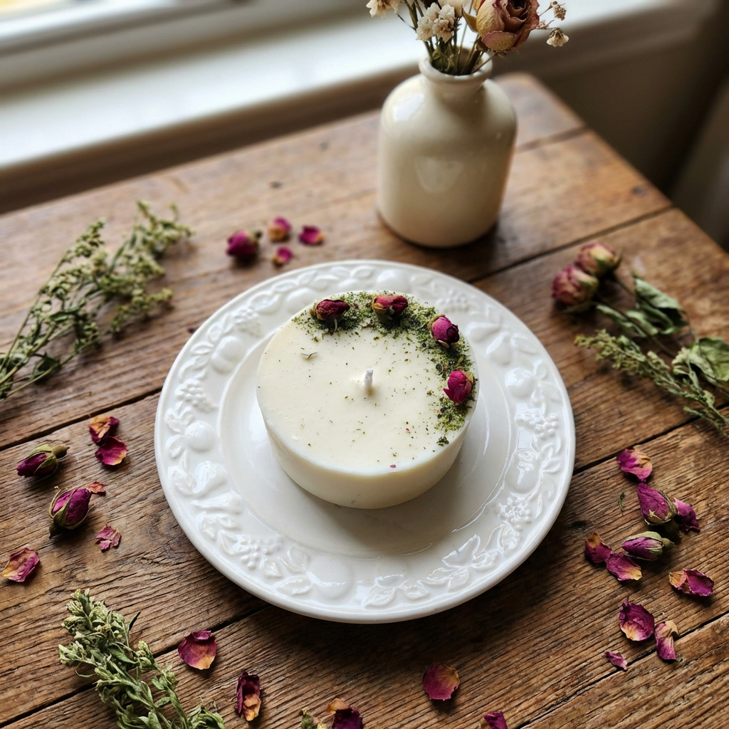 White candle on a decorative plate with dried flowers and petals on a wooden surface