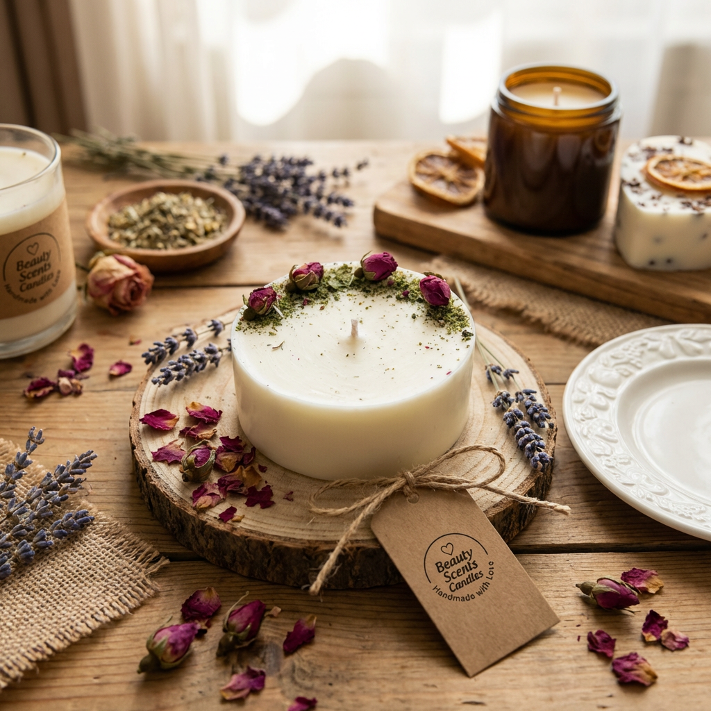 Candle on a wooden coaster with lavender and rose petals, surrounded by other candles and decorative items.