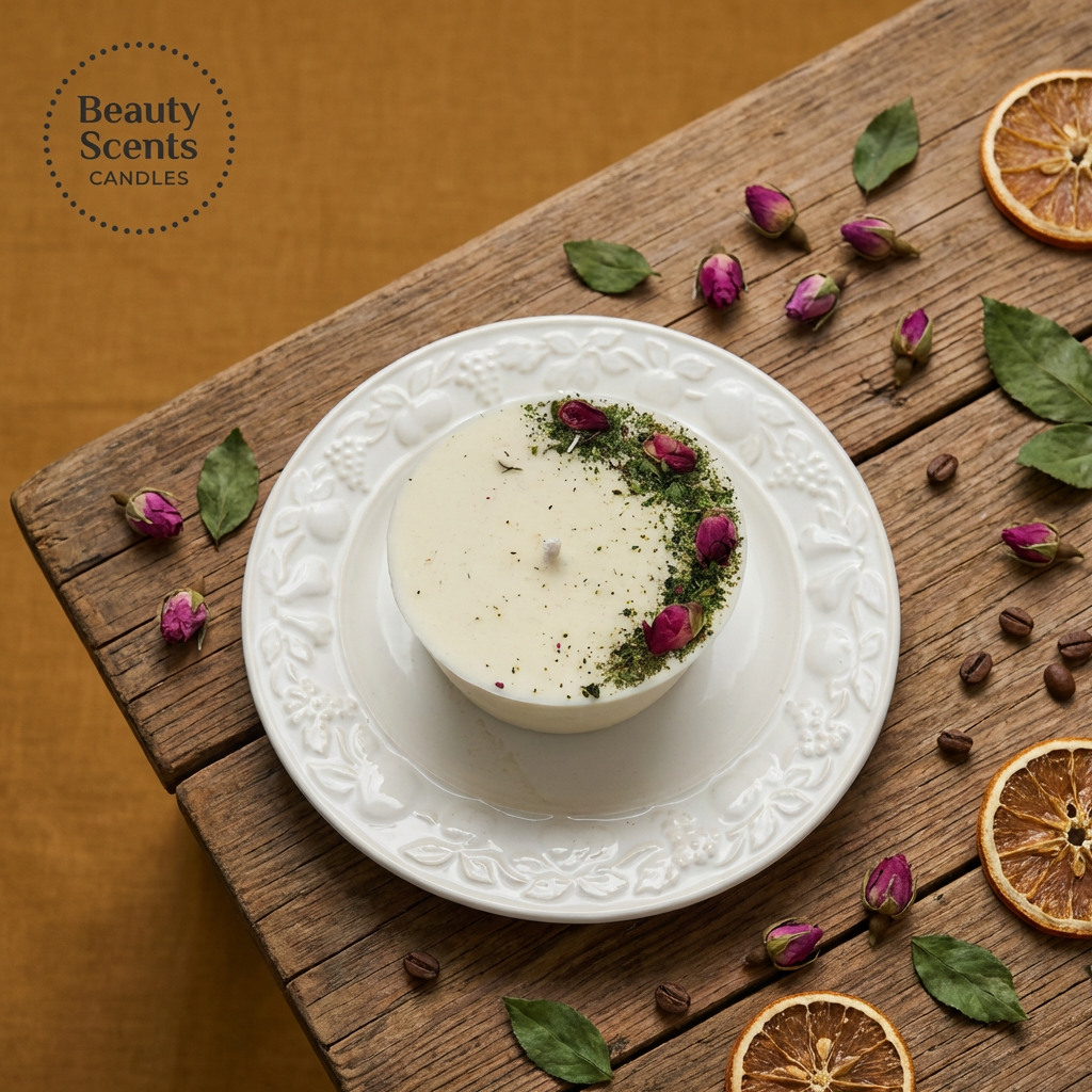 White candle on a decorative stand with dried flowers and leaves on a wooden surface, branded 'Beauty Scents Candles'.