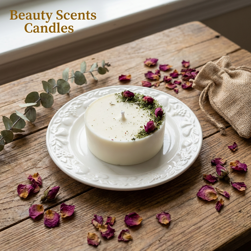 White candle on a decorative plate with dried flowers and eucalyptus leaves on a wooden surface, branded 'Beauty Scents Candles'.