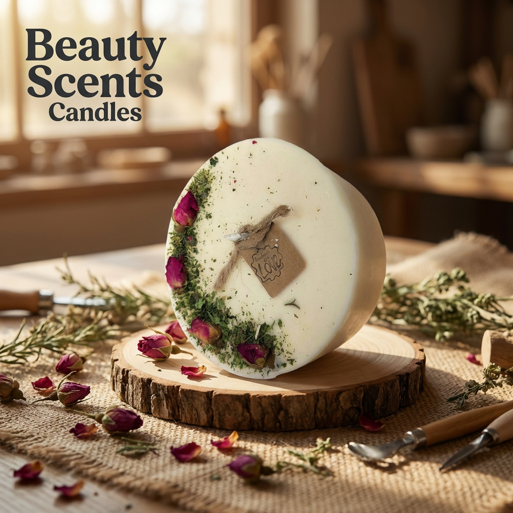 Decorative candle with natural elements on a wooden stand, branded 'Beauty Scents Candles'.