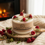 Decorative candle with raspberries on a wooden coaster in front of a fireplace.