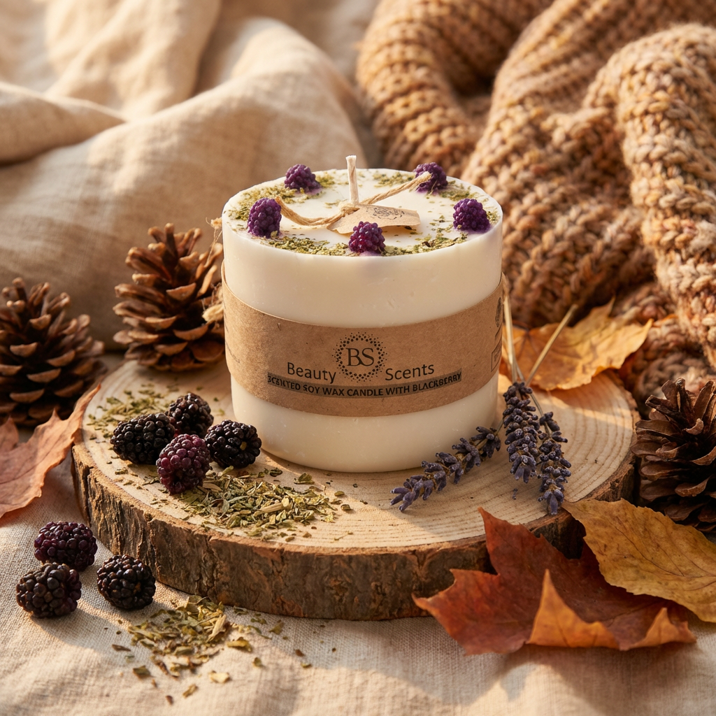 Candle with natural elements on a wooden surface, surrounded by fall decor.