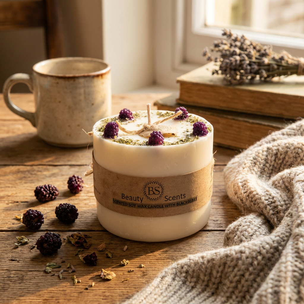 Candle with blackberries on a wooden surface with a mug and book in the background