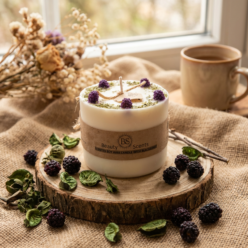 Candle  with decorative elements on a wooden surface, surrounded by blackberries and dried flowers.