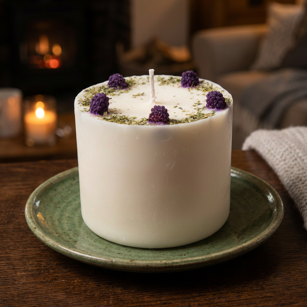 White candle with purple flowers on a green plate in a cozy setting