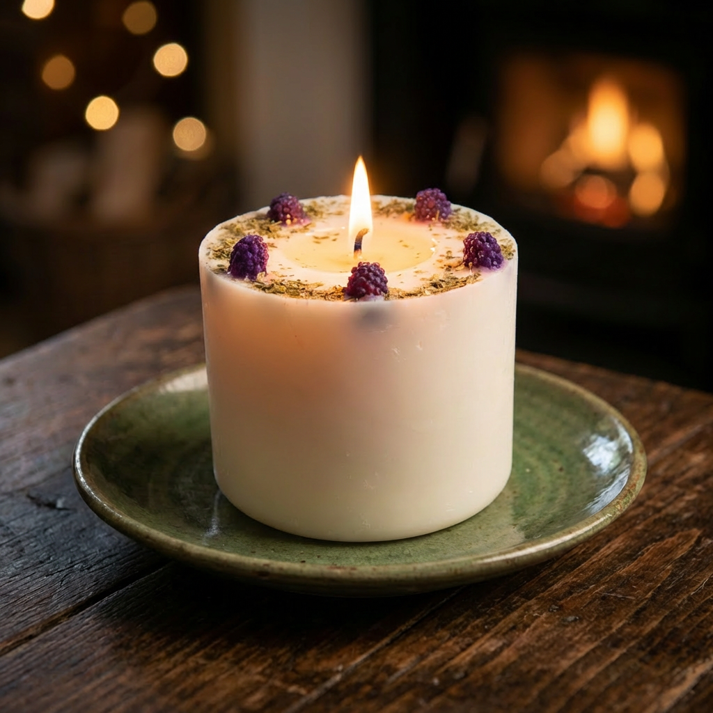 Candle with purple berries on a green plate in front of a fireplace