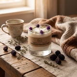 Candle with blackberries and thyme on a wooden table with a cup and blanket.