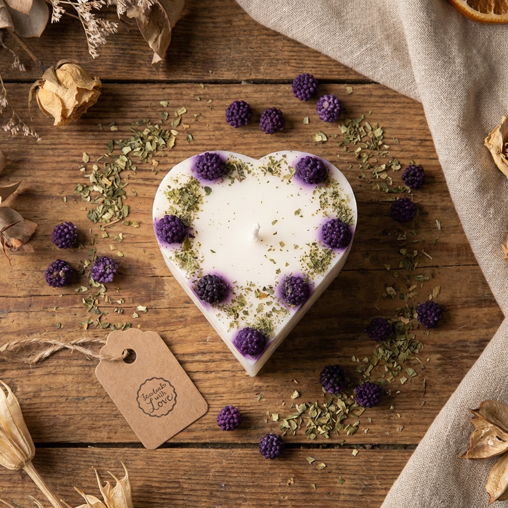 Heart-shaped white candle with purple toppings on a wooden surface with dried flowers and a tag.