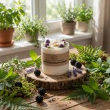 Candle with blackberries and lavender on a wooden surface with plants in the background