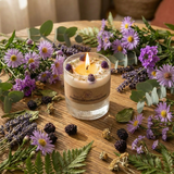 Candle in a glass holder surrounded by flowers and herbs on a wooden surface