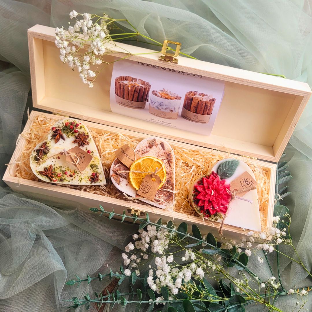 3 Hearts Winter Gift Set complete presentation in elegant wooden wine box with premium packaging and festive styling