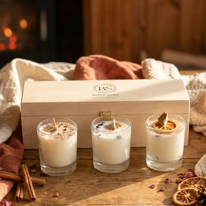 Three small glass candles in a wooden box on a wooden surface with decorative elements and a fireplace in the background.