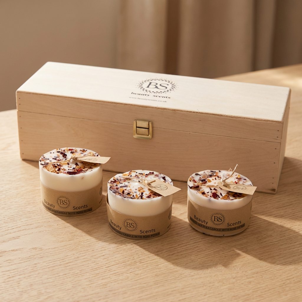 Three scented candles with decorative toppings of dried rose petals in front of a wooden gift box on a wooden surface