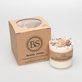 Beauty Scents medium rose petals candle with kraft packaging box showing handmade soy candle with dried botanicals