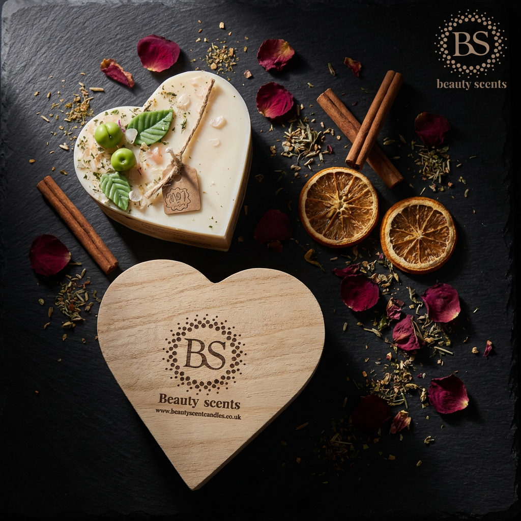 Heart-shaped wooden gift box with 'Beauty Scents' Heart Apple Candle, surrounded by dried fruits and herbs on a dark surface.