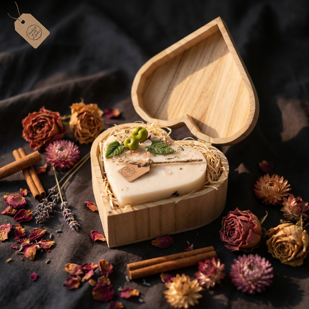 Heart-shaped wooden box with a Beauty Scents Heart Apple Candle inside, surrounded by dried flowers and cinnamon sticks on a dark fabric background.